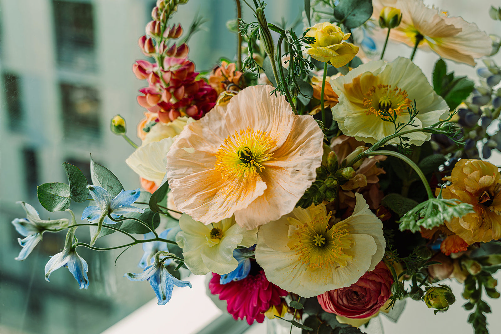 Colourful, up close shot of a pastel poppy bridal bouquet. Featuring blue delphiniums, peach and pink ranunculus, and pink lupins just out of focus.